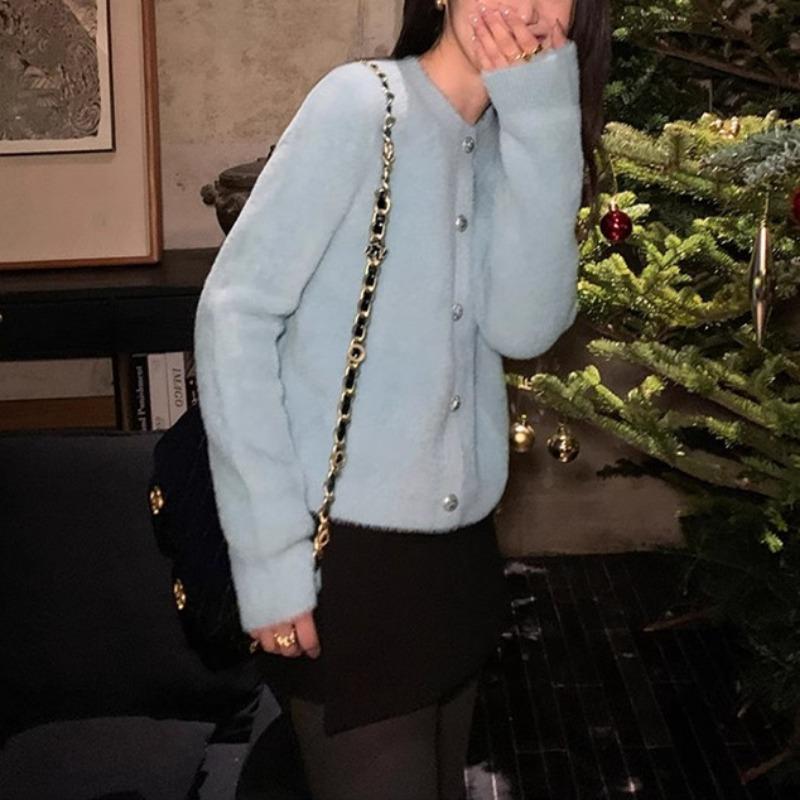 Gestrickte Strickjacke sanftes Imitat Nerzsamt Herbst und Winter neu locker weich wachsig Lazy-Wind Pulloverjacke Damen