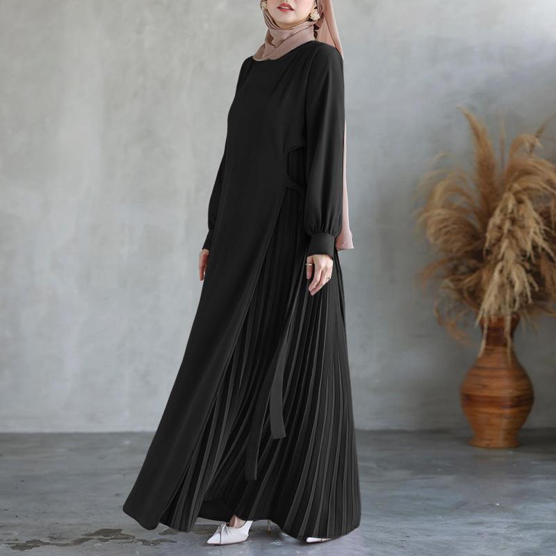 ZANZEA Muslimisches lässiges unregelmäßiges plissiertes Design Damen lockeres Langarmkleid