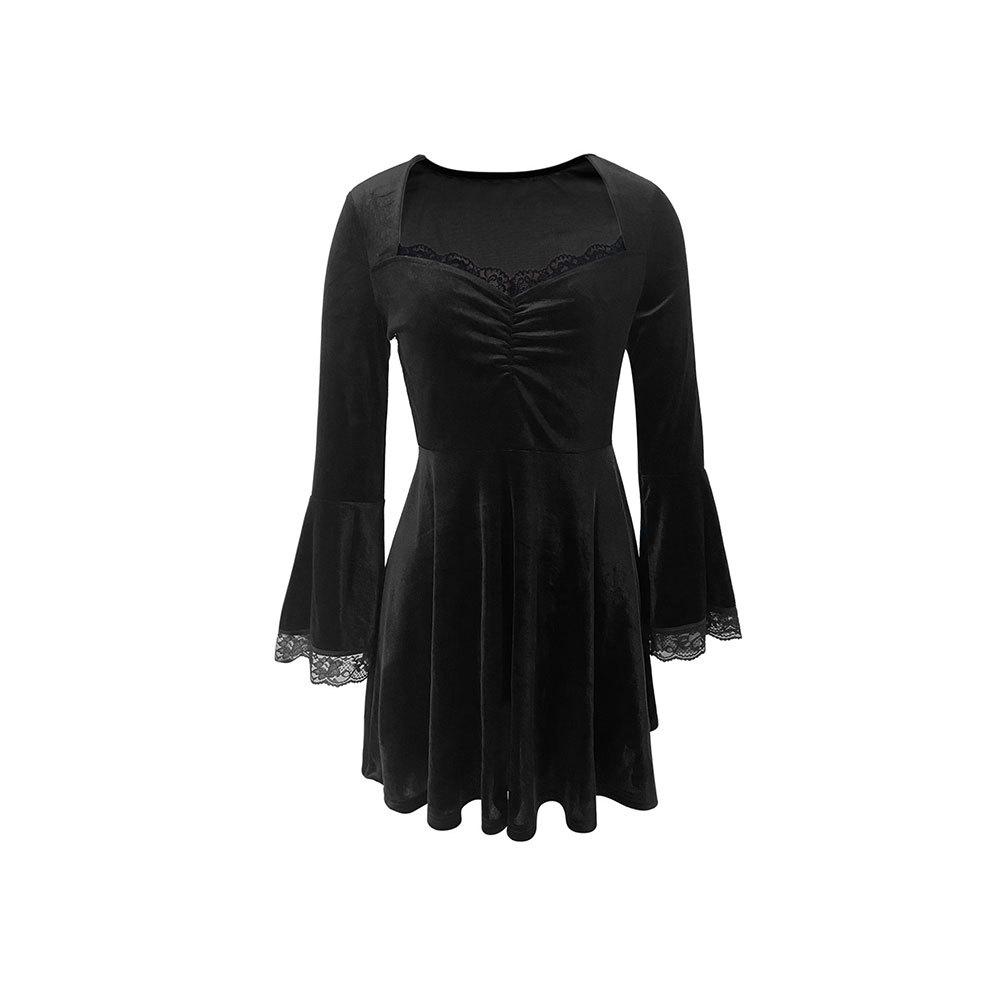 French retro velvet black short A-shaped lace square neck splicing horn cuffs spring and summer elegant dress women S чёрный