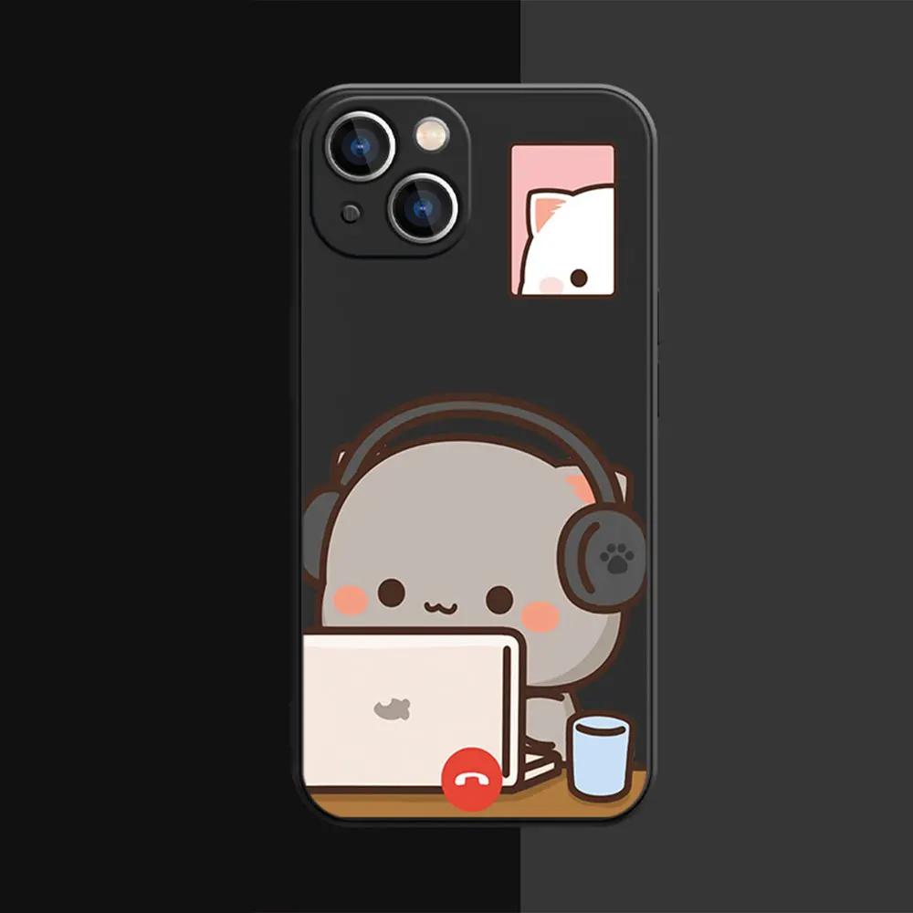Cute Couple Cats on Call Pattern Phone Case for iPhone 17 16 15 14 13 12 11 16E Series Pro Max Plus Double Layer Protection