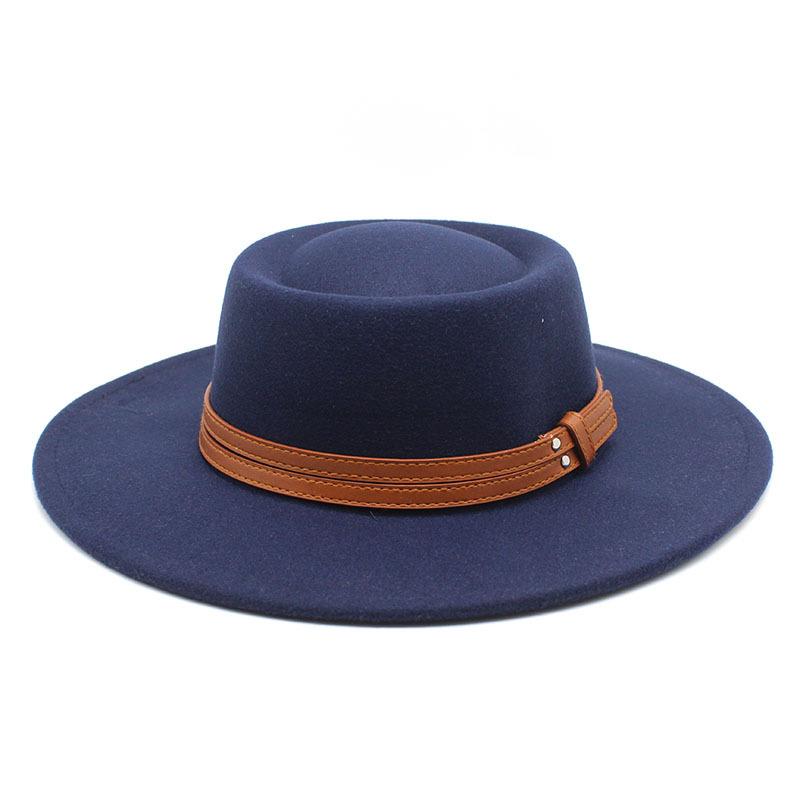 French Double Belt Buckle White Woolen Hat Flat Top Top Hat Female British Retro Style Wide Brim Felt Hat