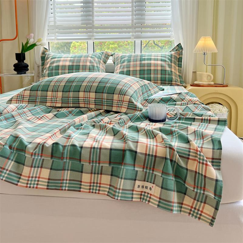 Green Check Raw Cotton Bed Sheets For Double Bed All Seasons Bed Cover Full Set Queen/King Size Flat Top Sheets No Pillowcase
