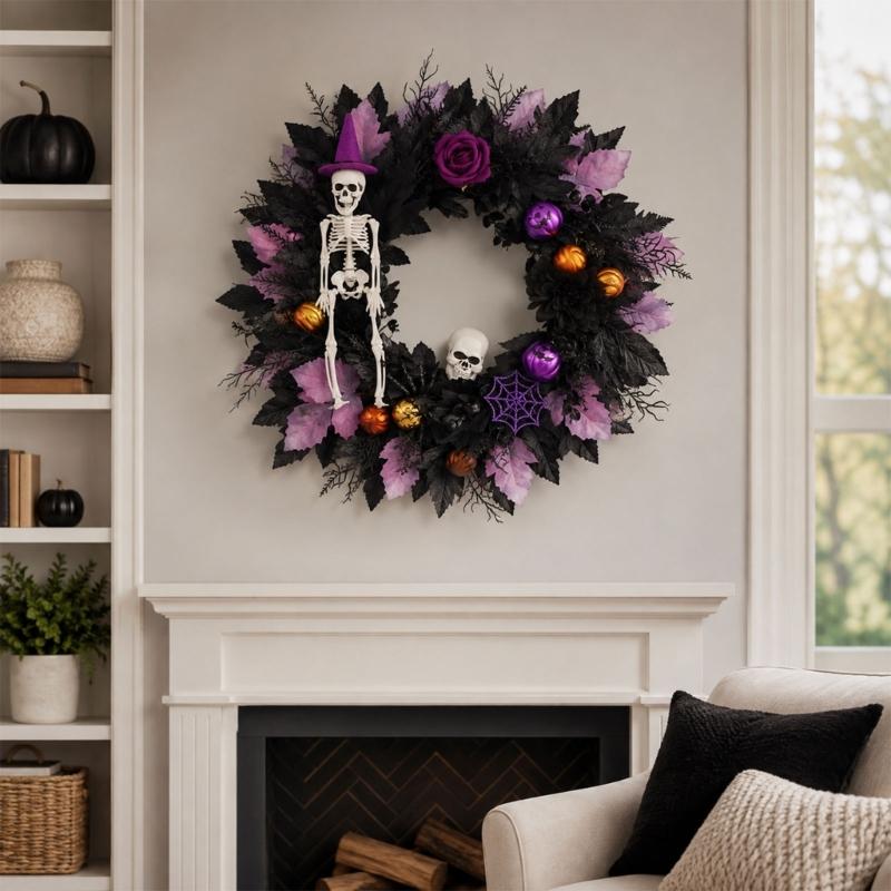 Halloween Front Door Wreath, Artificial Floral Wreath with Black Purpler Leaves Hanging Decoration for Front Door Entryway Wall