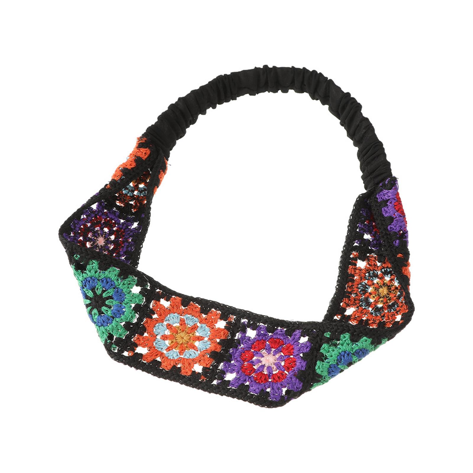 

Вязаная крючком повязка на голову, ажурный платок с эластичной резинкой для волос, этнический стиль, цветочный узор, тюрбан для девочек, реквизит для фото чёрный