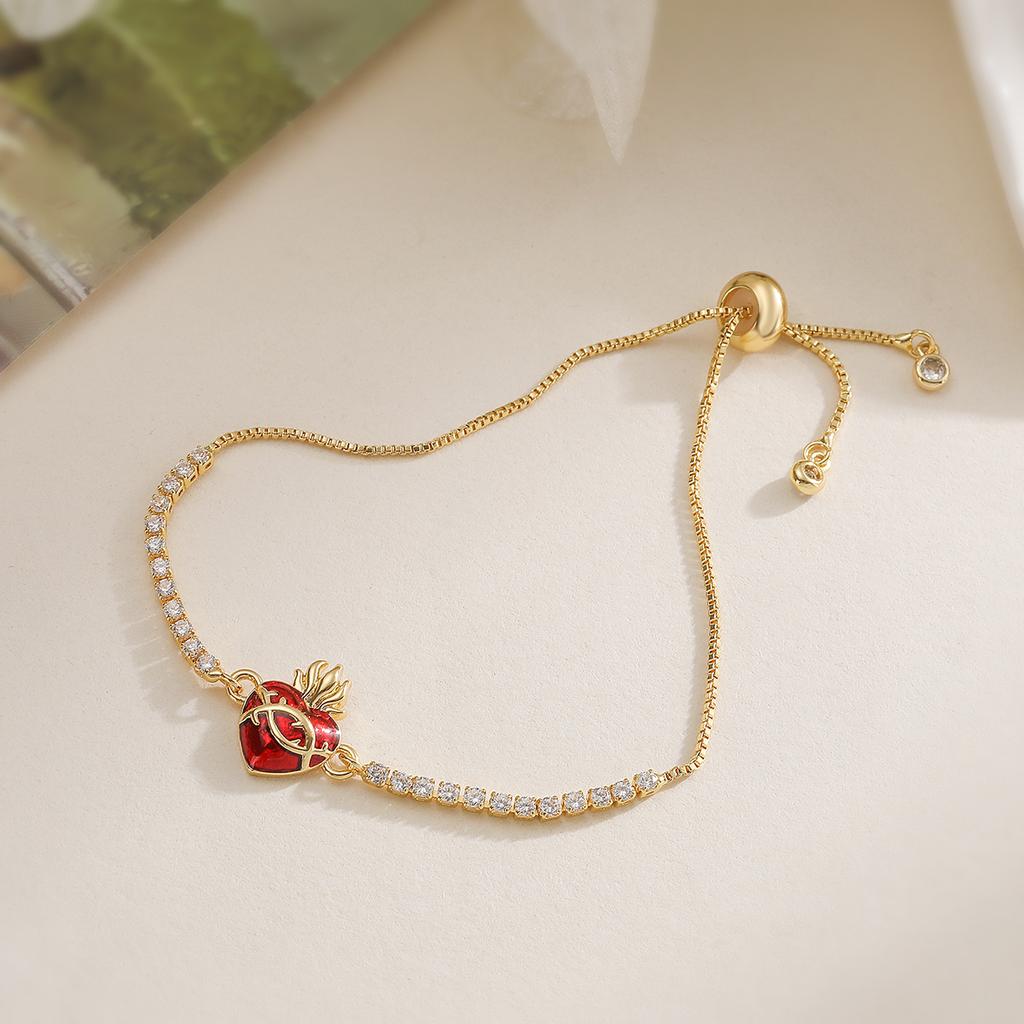 NEWBUY New Arrival Bling Bling Cubic Zirconia Chain Red Crystal Heart Charm Bracelets For Women Party Jewelry
