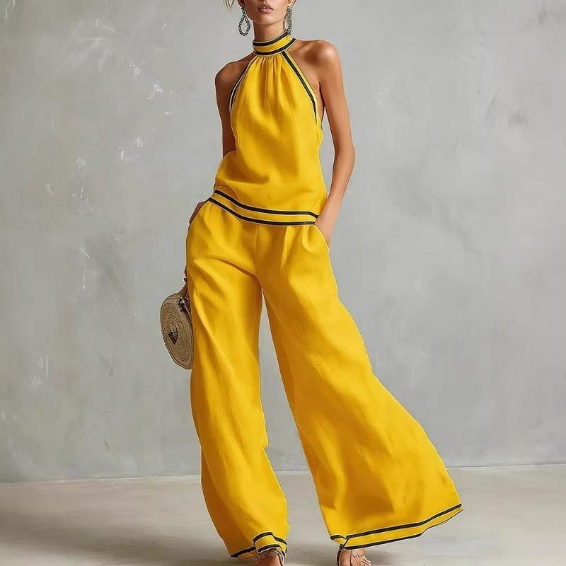 Women's Two Piece Set Halter Top Wide Leg Pants Contrast Trim Summer Vacation Outfit