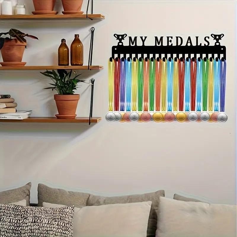 Metal Black Medal Display Rack Wall-Mounted Medal Hooks Holds 60 Medals For Running Football Baseball Awards Art Home Decor