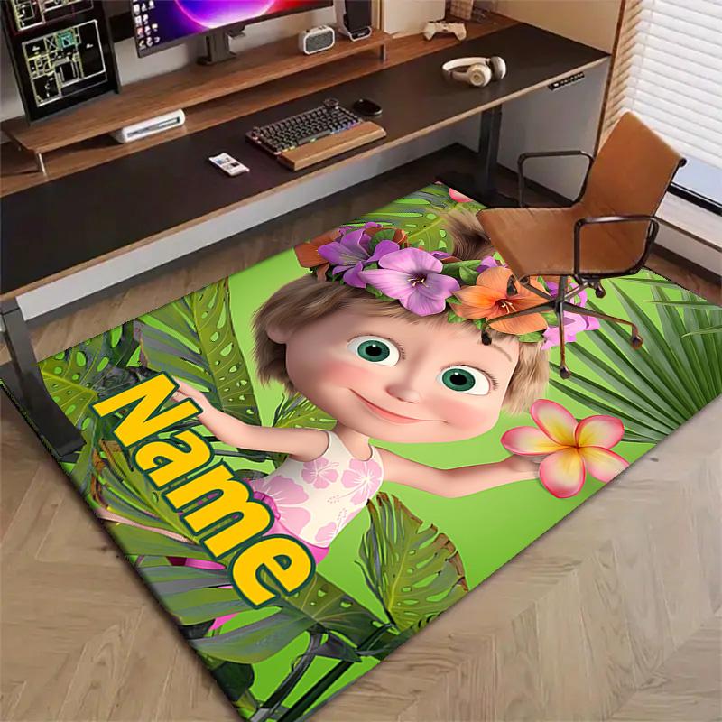Custom Masha and the Bear Mat Personalized Name, Polyester Washable Indoor Entryway Rug, Gift for Christmas, Easter, Thanksgiving Day