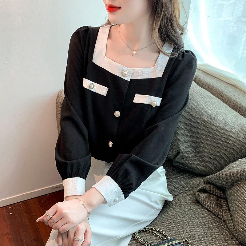 Women Blouses Shirts 2025 Spring Long Sleeve Women Blouse Shirt Square Collar Black White Chiffon Blouse Shirt Women Tops J587