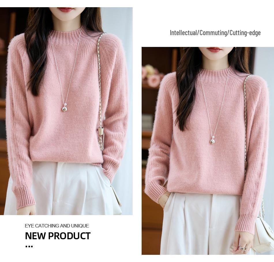 2025 Autumn/Winter Women's Wool Sequin Cable Knit Sweater with Half-High Collar