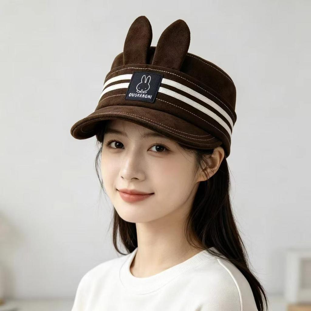 Couple sunscreen versatile face cute rabbit ears striped baseball cap men's and women's sunshade duck tongue navy hat