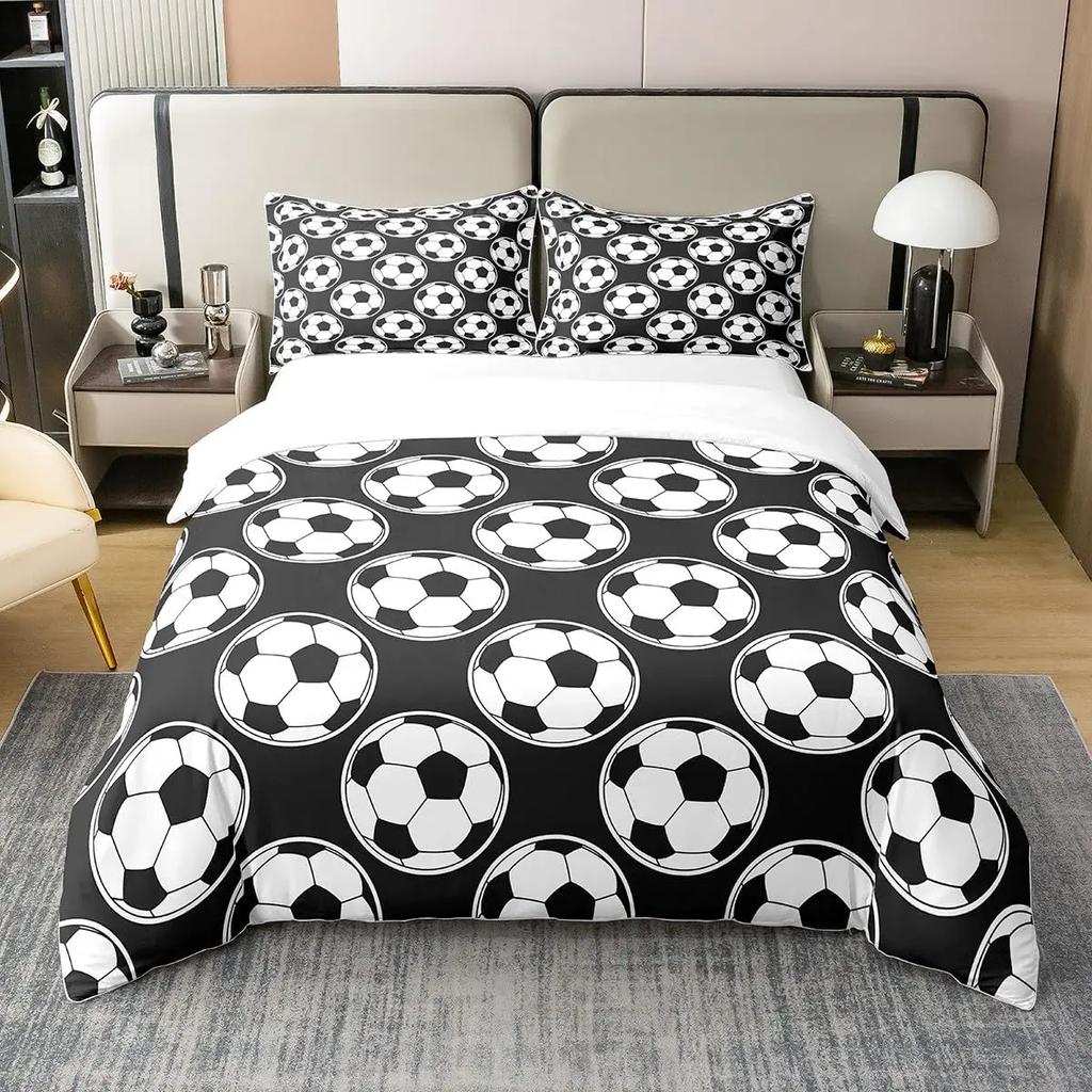 Colorful Football Single Duvet Cover Set, Sport Theme Cartoon Football Bedding Set with Pillowcases 75*50cm, Gift for Boys Girls