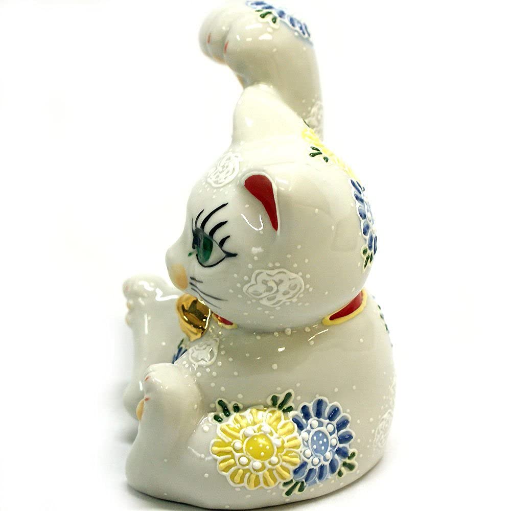 Stylish Kutani Ware Maneki Neko Figurine with Right Hand and Strong from Waza no Perfect for opening a or any Arm, White, Kura. business, birthdays,