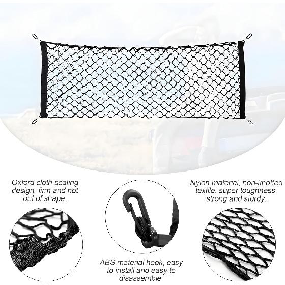 Car Rear Cargo Net, Double-Layer Adjustable Stretchable Elastic Storage Organizer Net, Trunk Cargo Storage Mesh Net With Hooks, Car Interior