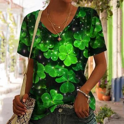 Dame T-skjorte Kløver 3D-trykk T-skjorte Dame Mote V-hals T-skjorter Kortermet Topper Tees St Patricks dag Topper Dame Camisetas