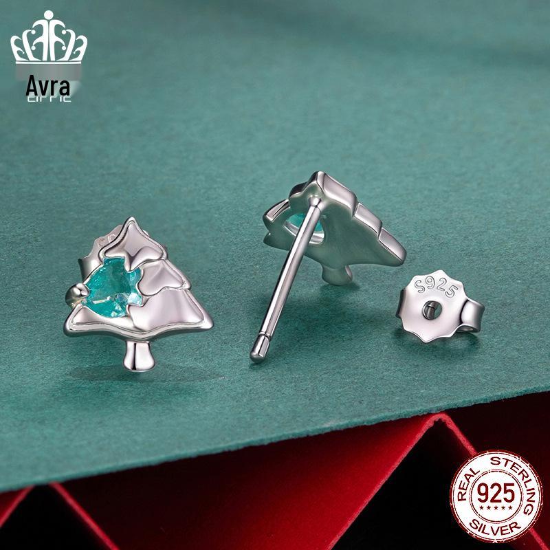 Everle Christmas Tree Stud Earrings, S925 Sterling Silver, Rhodium Plated Holiday Jewelry