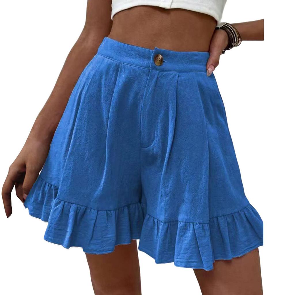 Pantaloni scurți casual la modă pentru femei, cu croială largă, din amestec bumbac-in, cu buzunare - Pantaloni cu volane late, colorați