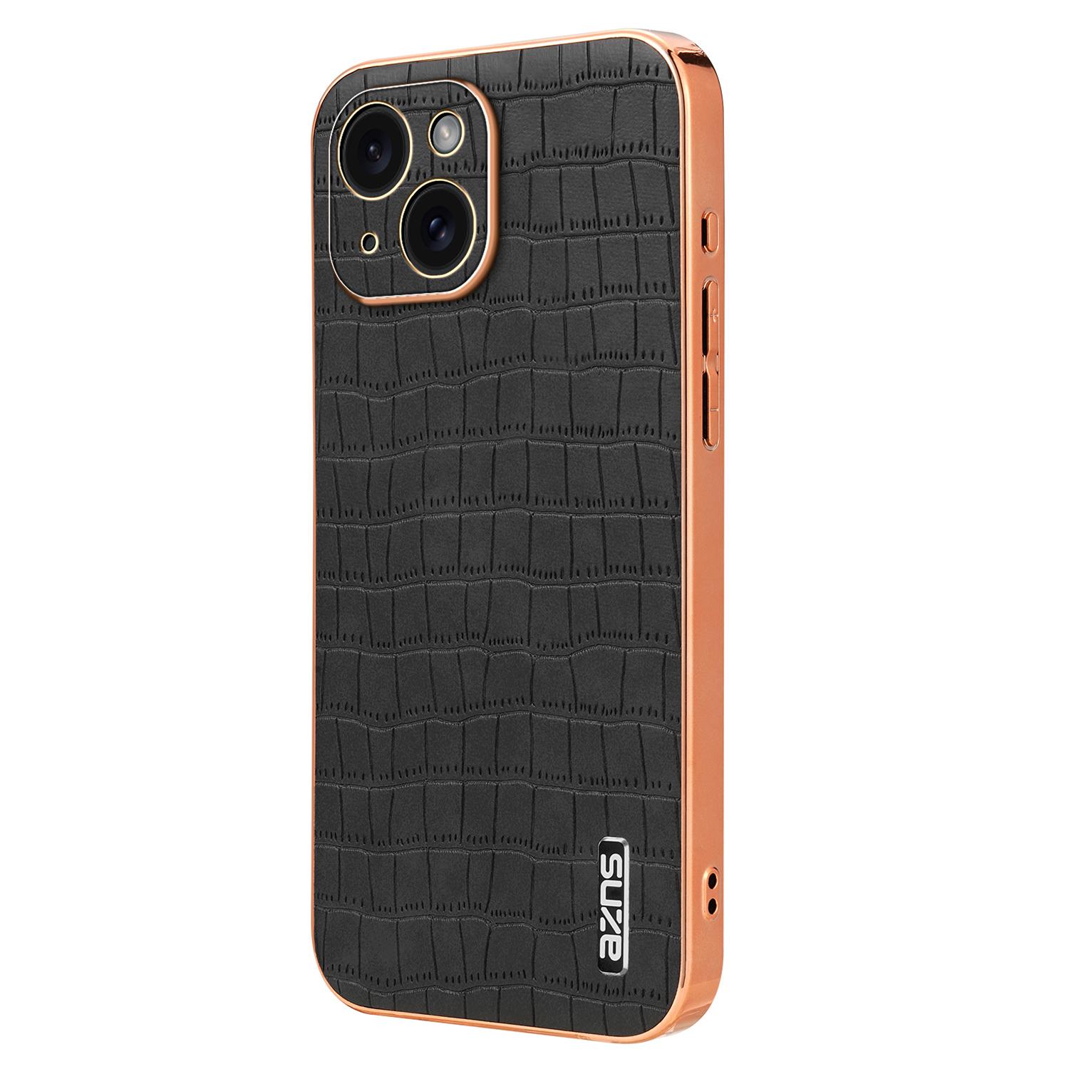 

AZNS For iPhone 15 Plus Case Electroplating Frame Leather Back Cover Crocodile Pattern Black