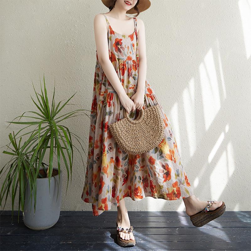 

2025 Summer Cotton Linen Patchwork Long Slimming Dress with Large Hem One Size