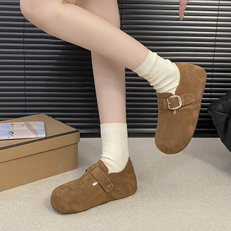 Retro Leather Inner Height Increase Boken Shoes Women's 2025 Autumn New Belt Buckle Round Head Ugly Cute Mori One-pedal Single Shoes