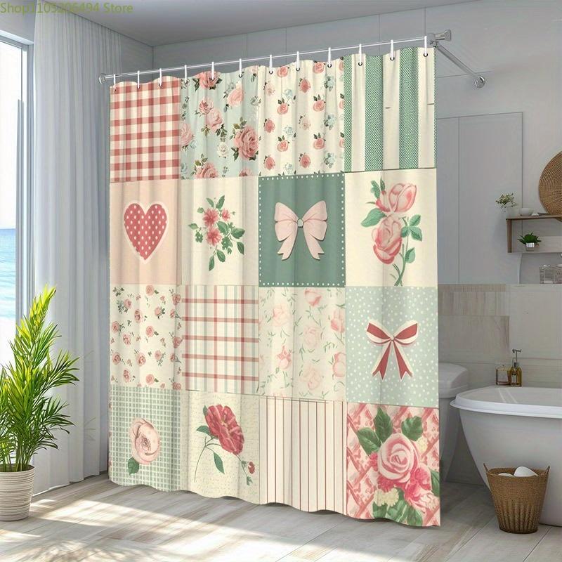 [Vintage Shower Curtain] 1pc Vintage Floral & Plaid Patchwork Shower Curtain | Pastel Roses & Checkered Patterns with Heart &