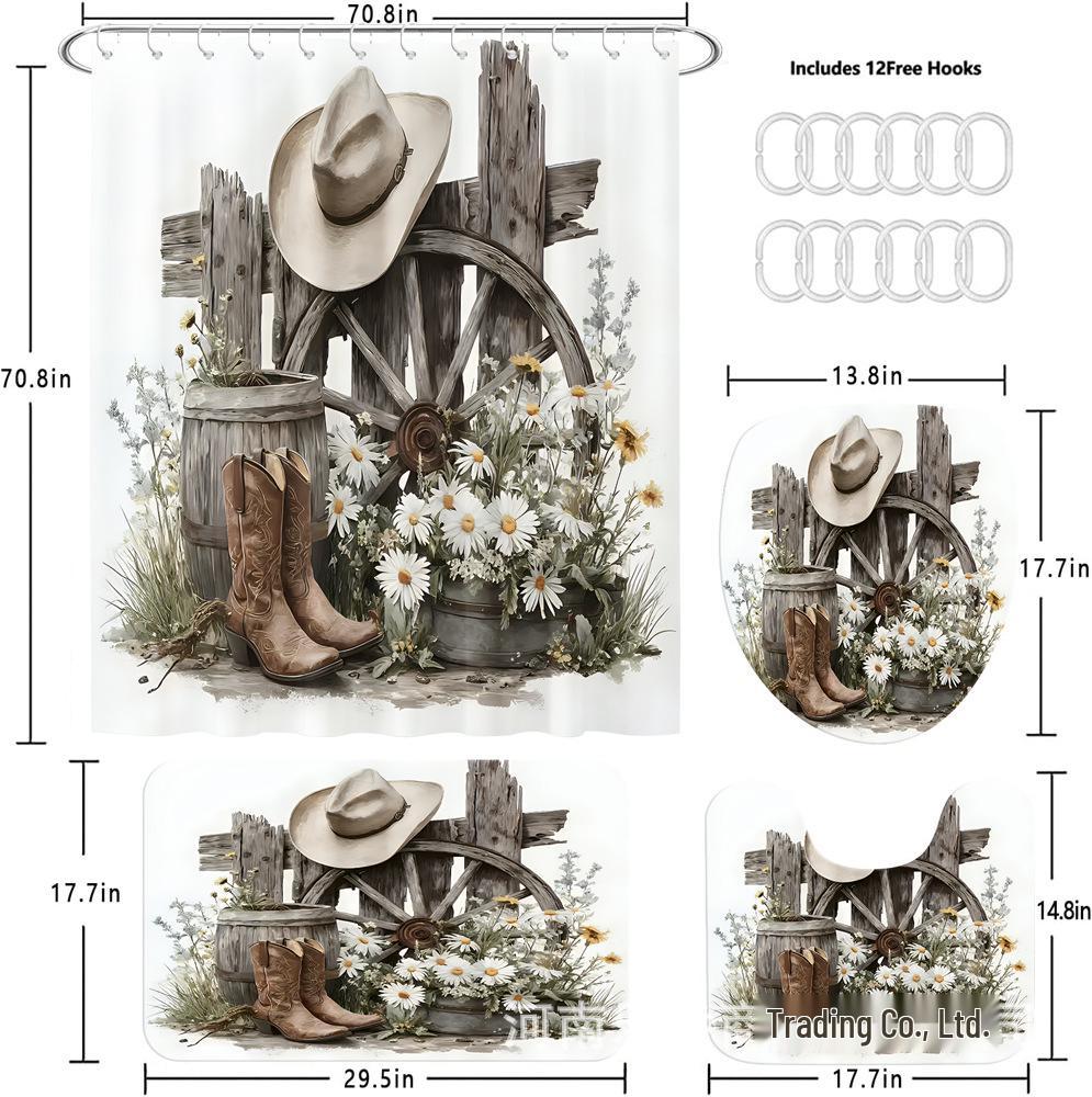 Farmhouse Market Design 4-Piece Bathroom Shower Curtain Set with 12 Hooks, Country Style Home Decor