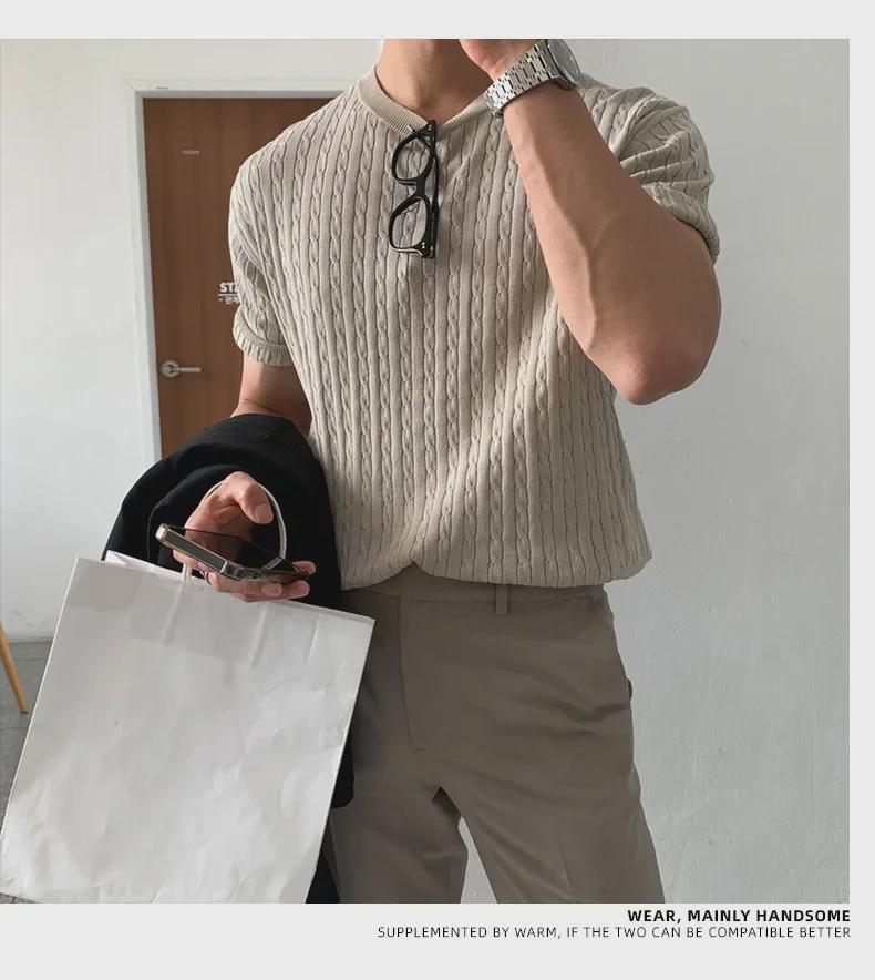 Men's Slim Fit Short Sleeve Knit Sweater - Solid Color, Round Neck, Vertical Stripes, Trendy and Versatile.