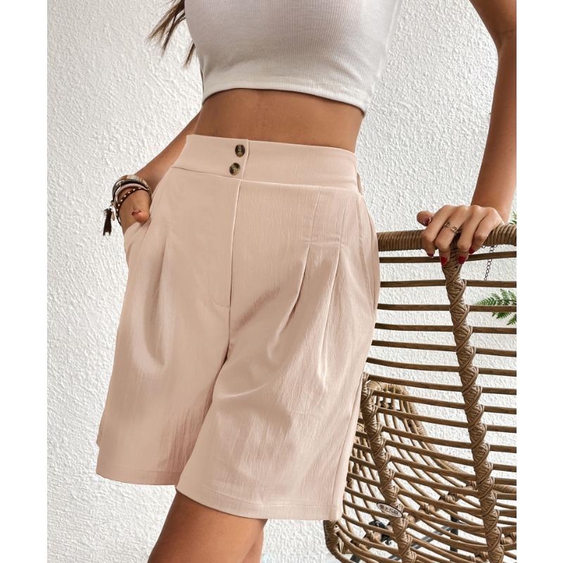VEZFAA Women's Fashion Casual Solid Color Print High Waist Sport Shorts