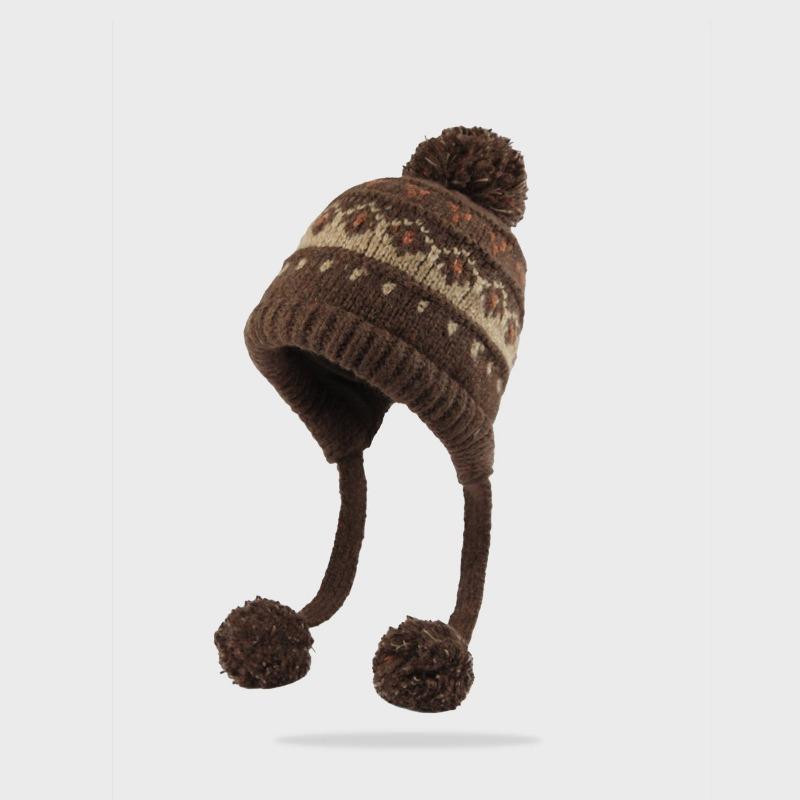 Women S Fair Isle Winter Outdoor Warm Knit Hat With Big Pompon Earmuff
