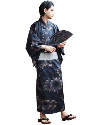 Japanese Pattern Print Yukata Set for Obi Geta Sunflower Size M 8(eight) (Eight) All-Over 3-Piece Men Yukata, (Sash), (Wooden Sandals), Cotton, Navy,