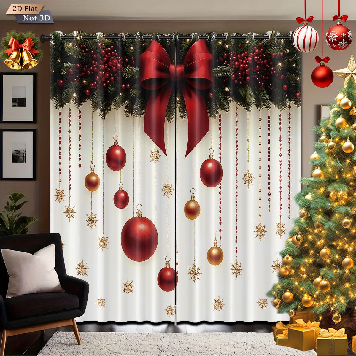

Christmas Bow Colored Ball Print Perforated Curtains Insulation Living Room Holiday Decoration Easy Installation Light Blocking Set Of 2 Made W100*H70(CM)-Hooks&2PCS