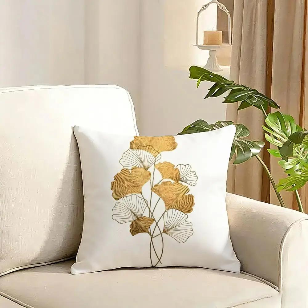 Ginkgo Leaves Printed Cushion Cover Reversible Plush Pillow Cover Soft Fluffy Home Decor for Sofa Bedroom