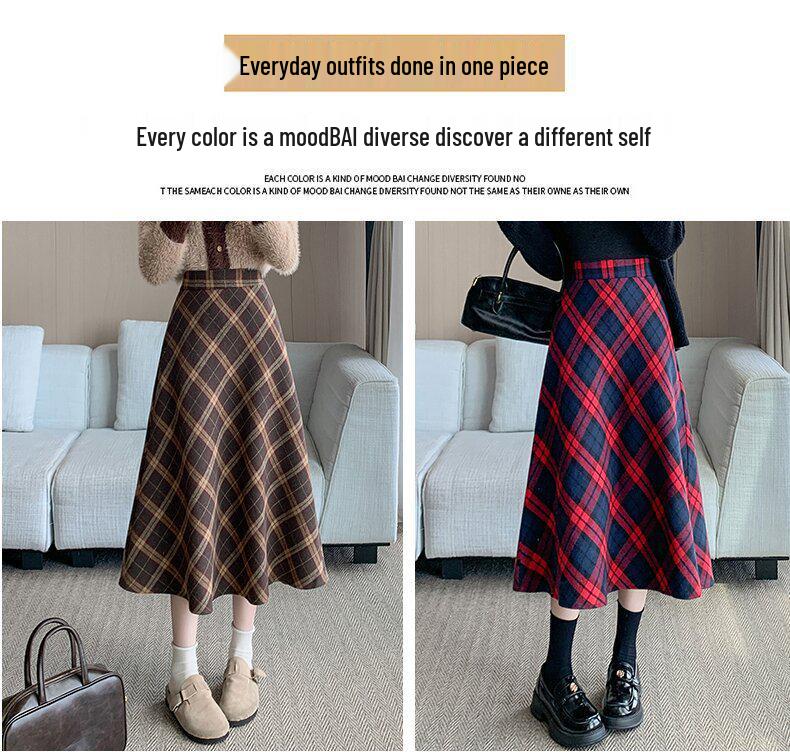 Korean Wool Plaid Midi Skirt: High-Waisted, Plus Size, Slimming A-line - Winter 2026