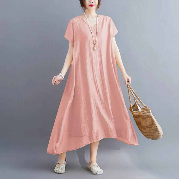 Korean Style Plus Size Summer Women Midi Dress V Neck Black White Pink Blue Yellow Orange Loose Dress Short Sleeve Casual Basic Ladies' Dress