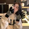 Touch Screen Checkerboard Finger Gloves for Women Winter Warm Woolen Cycling Cold Proof Plus Velvet Thickening Cute Student Couple