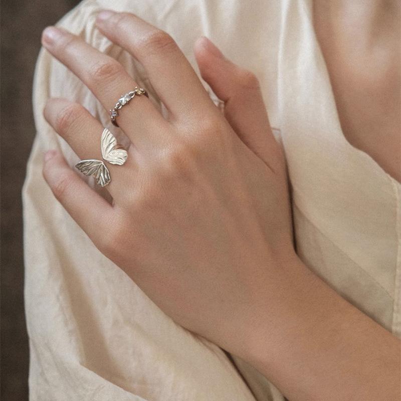 BF CLUB 925 Sterling Silver Gold Butterfly Rings for Women Fashion Geometric Vintage Handmade Irregular Ring Party Gifts