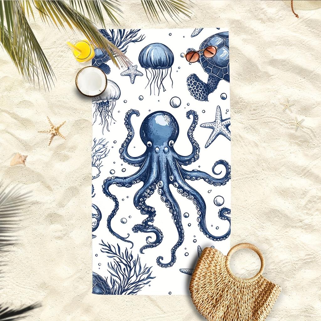 1pc Sea Life Octopus Beach Towel - Polyester fabric, machine washable, perfect for the beach, pool
