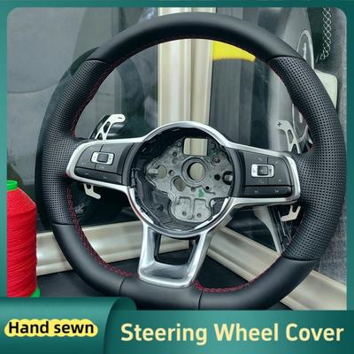 Car Steering Wheel Braid Cover Hand Sewn Black Leather For Volkswagen VW Golf 7 GTI T-Roc Passat Variant (R-Line) GTI