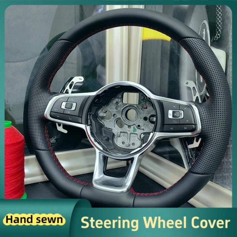 Car Steering Wheel Braid Cover Hand Sewn Black Leather For Volkswagen VW Golf 7 GTI T-Roc Passat Variant (R-Line) GTI