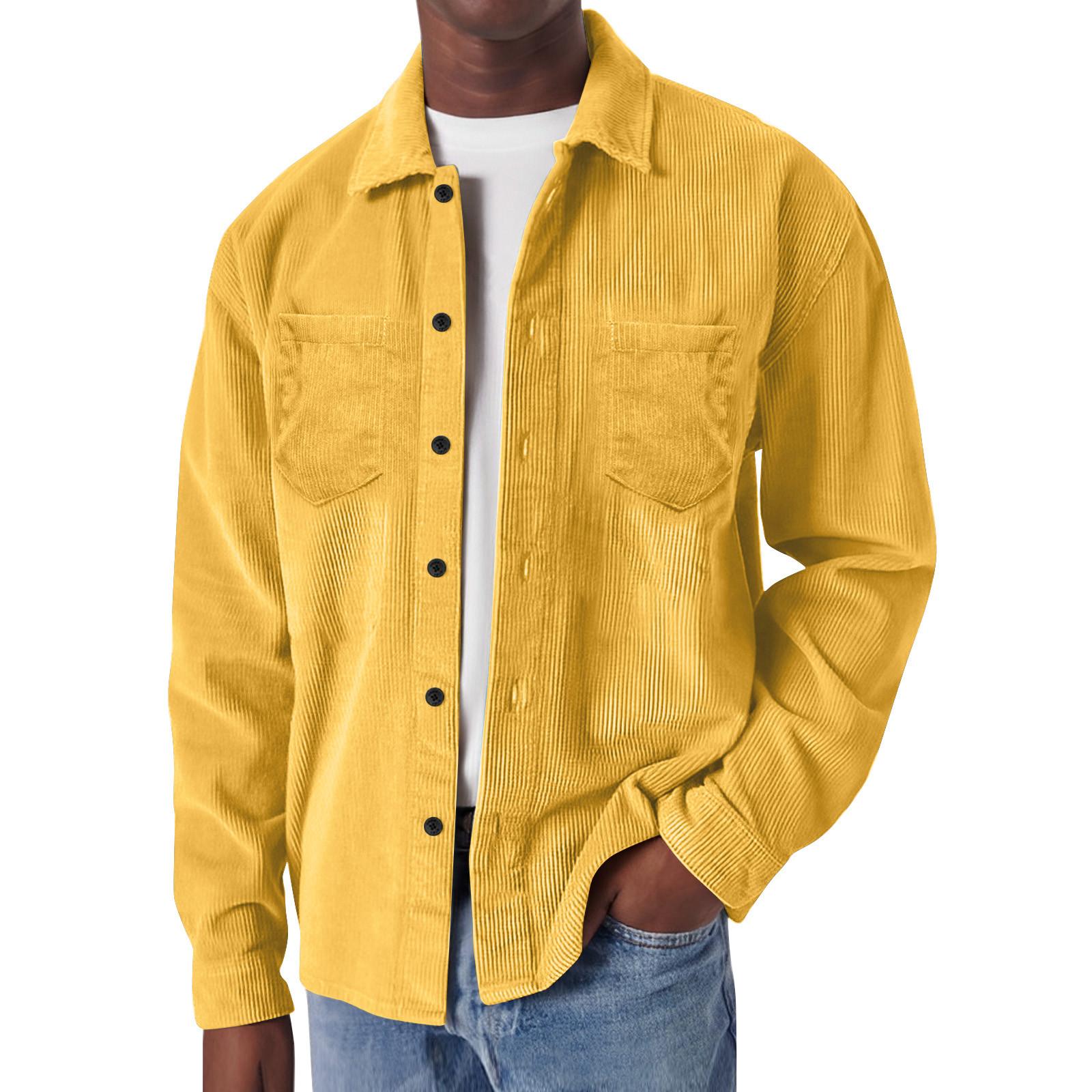 

Men s Striped Corduroy Casual Loose Button Lapel Pocket Long Sleeve Shirt XL жовтий