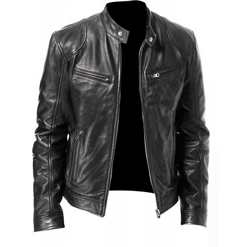 Foreign Trade Spring And Autumn New Men'S Stand-Up Collar Slim Leather Jacket Pocket Decorative Locomotive Clothing Pu Leather Jacket