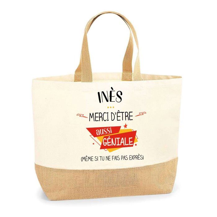 Cabas de plage - PLANETEE - Inès géniale sans faire exprès - Prénom personnalisé - Jute naturel - Fabriqué en France