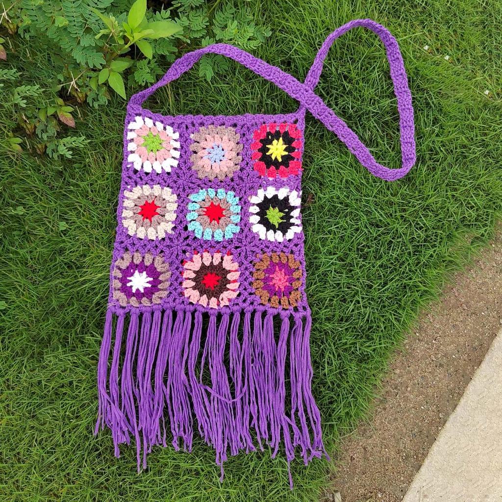 Crocheted Shoulder Tassel Bohemian Ethnic Style Tote for Beach Travel