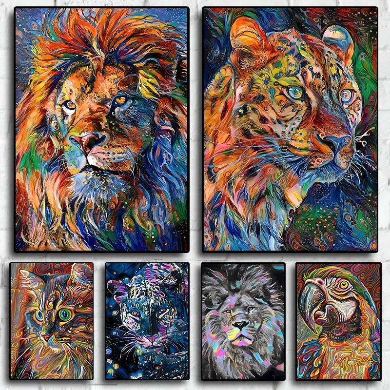 Canvas Abstract Animals Lion Tiger Cat Colour Retro Wall Decoration Pictures Living Bedroom Decor Posters