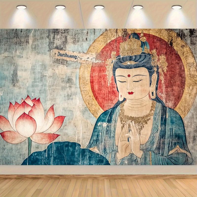 VIKAMA Dunhuang Wind Guanyin Bodhisattva Tapestry Vintage Mural Lotus Living Room Background Wall Room Decoration
