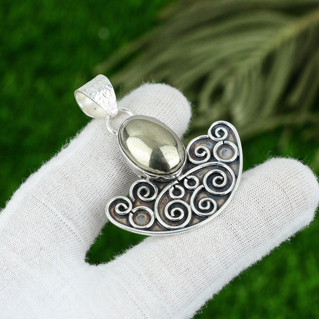 Oval Natural Pyrite 925 Silver Mother Bezel Trendy Solar Chakra Birthday Pendant