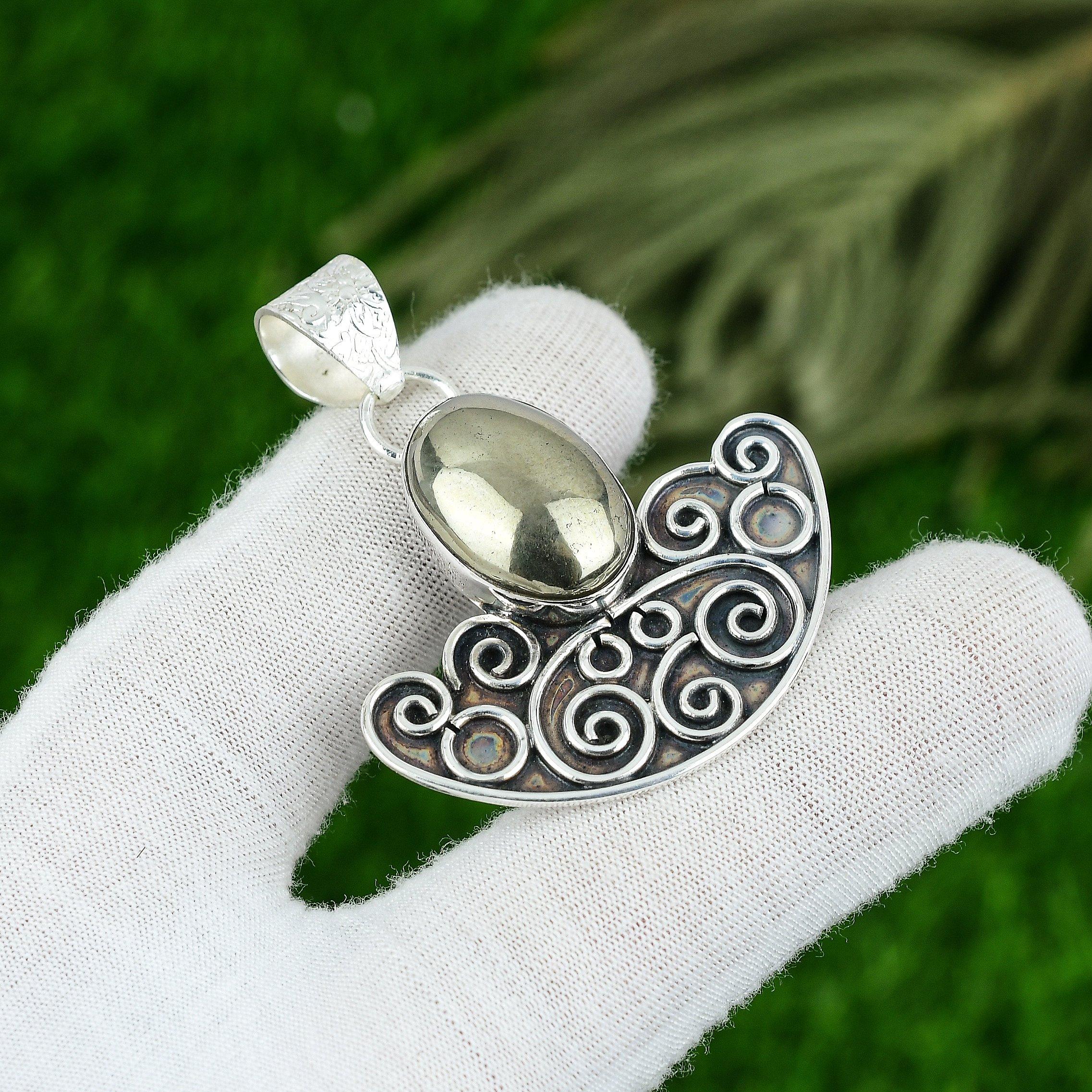 

Oval Natural Pyrite 925 Silver Mother Bezel Trendy Solar Chakra Birthday Pendant