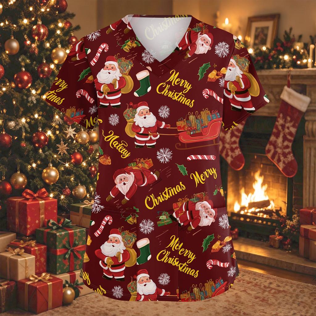 Women's V-Neck Short Sleeve Christmas Print Work Tunic Top with Pockets and Side Slits