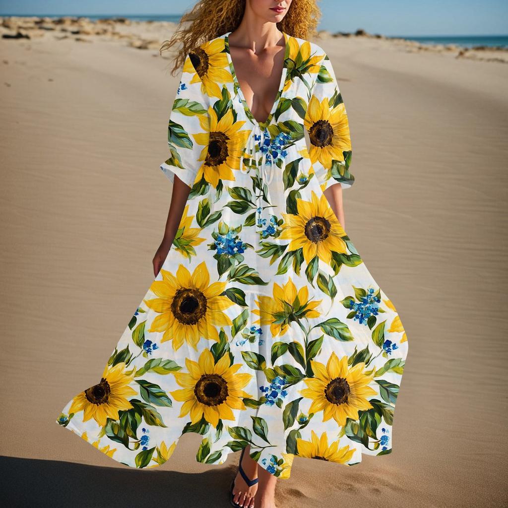 Women's Summer Fashion V-neck Retro Floral Print Short Sleeved Beach Dress With Lace Patchwork Dress