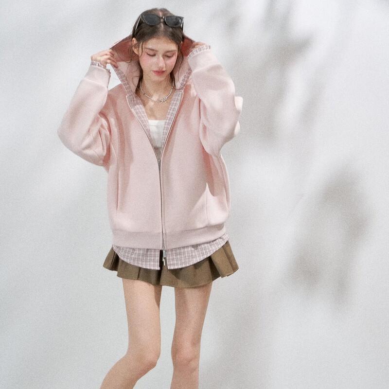 ICH MODE Women's Colorblock Loose Hooded Sweatshirt Jacket
